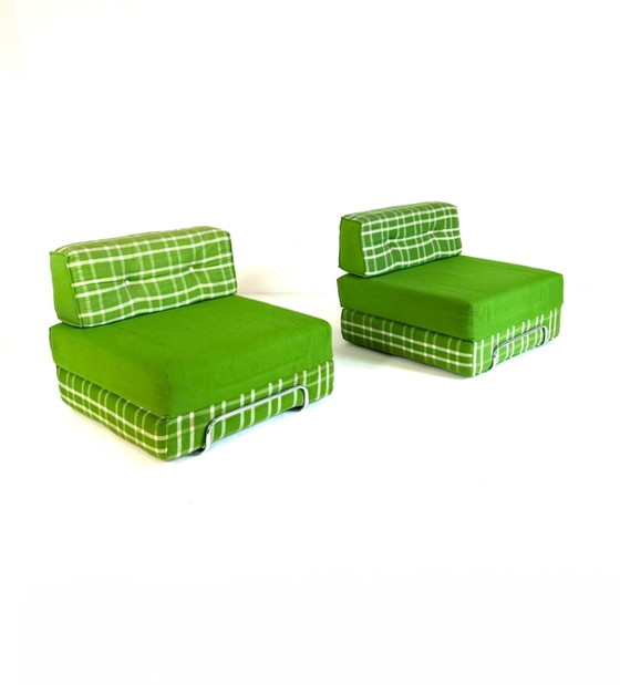 Set of 2 vintage convertible armchairs, Germany '80s, Chrome, Textile, Green (photo 13 of 14)