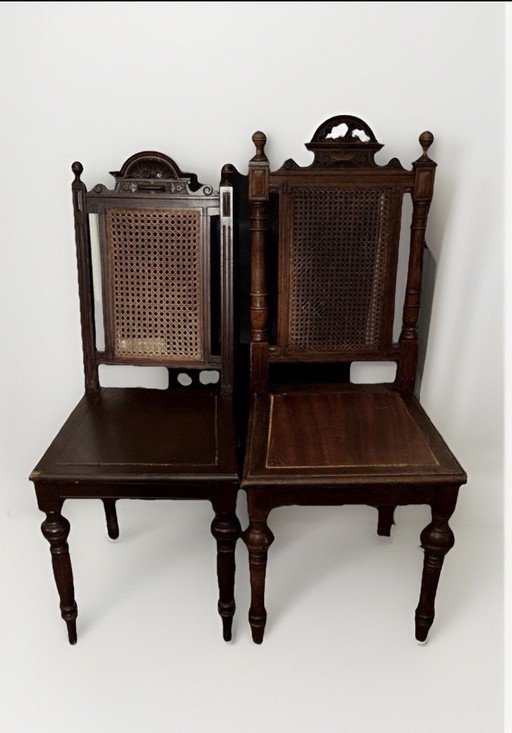 Chaises d'appoint de style campagnard victorien en noyer avec assises tressées, lot de 2