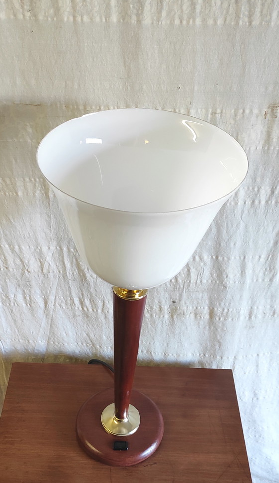 Image 1 of Mazda-style table lamp in wood and opaline glass - mid-20th century