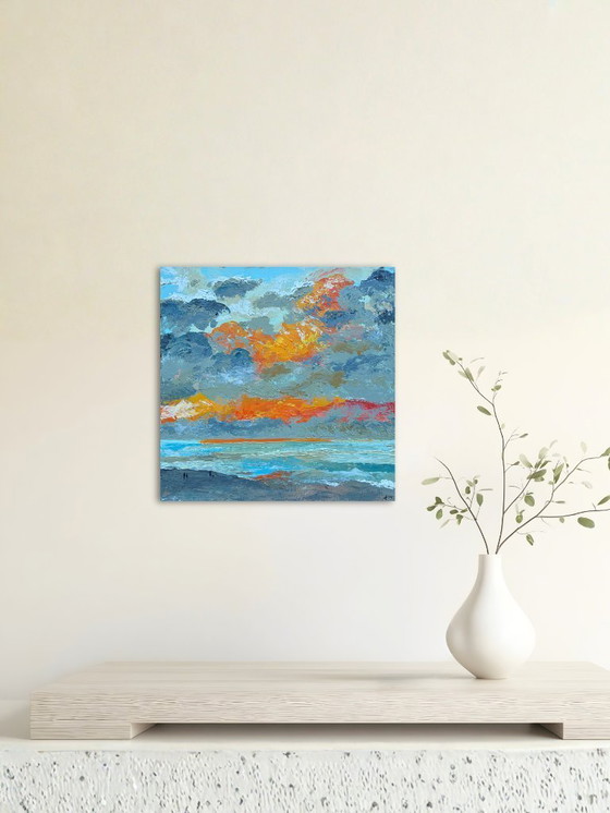 Image 1 of Expressive seascape painting – dramatic orange storm sky over the sea | Orange 1