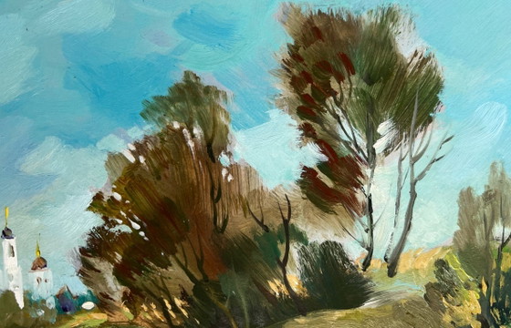Image 1 of Original Oil Painting Summer Coastal Landscape There is a lake behind the village