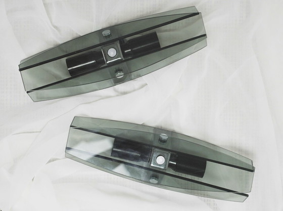 Image 1 of Veca Grey Smoked Glass Vintage Italian Wall Sconces Set of 2 Fontana Arte Mid Century Modern Faceted Glass Pair of Lamps