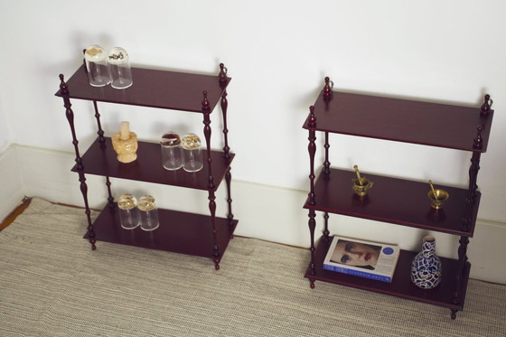 Image 1 of Mahogany-Finish Hanging Wall Shelf Set of 2 Pair, Traditional Spindle Display Shelves, Vintage Colonial Style Decorative Modula