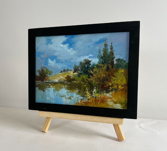 Image 1 of Origineel olieverfschilderij: Zomers rivierlandschap, een verloren hoekje van de natuur.
