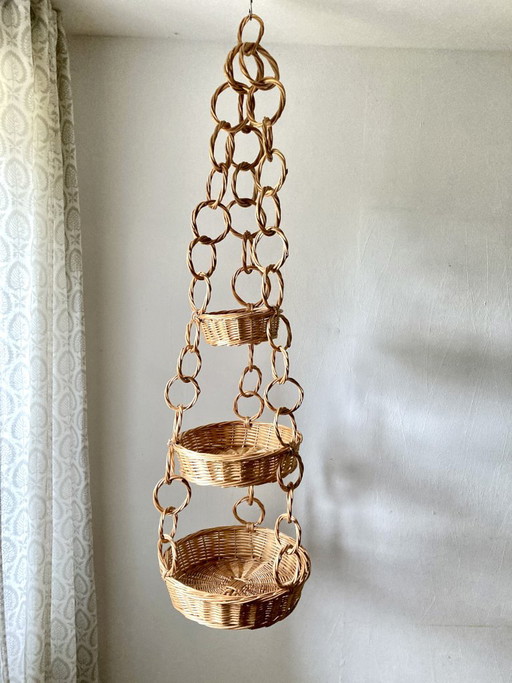 Large Wicker Hanging Basket with Three Tiers, Twisted Ring Chain