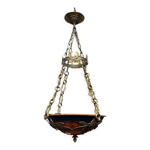 Magnificent Art Deco chandelier signed "Noverdy France". – hanglampen, Bronze, Glass