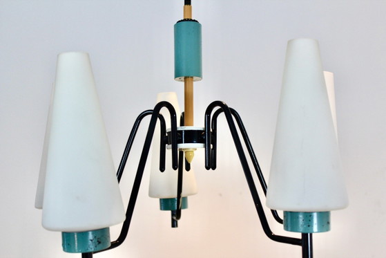Lampada a sospensione olandese in acciaio, legno e vetro opalino, Lampadari, polished steel (foto 4 di 10)