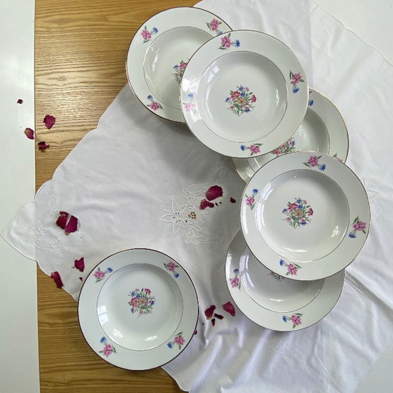 Image 1 of Set of 6 antique Sarreguemines earthenware soup plates, Cibon Nice pattern, flowers and gilding