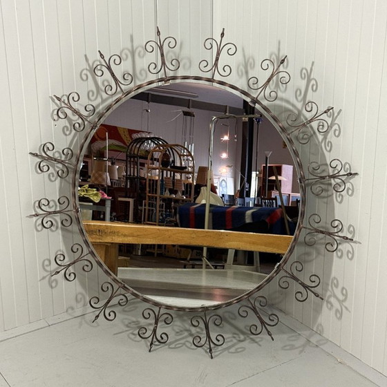 Image 1 of Espejo de pared redondo XXL de hierro forjado, años 60
