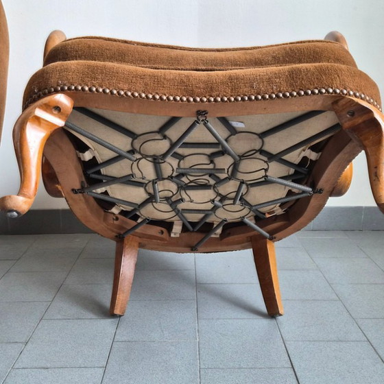 Image 1 of COPPIA DI POLTRONE BERGERE VINTAGE DEI PRIMI DEL XX SECOLO IN RATTAN E LEGNO, SUPERBAMENTE CURVE