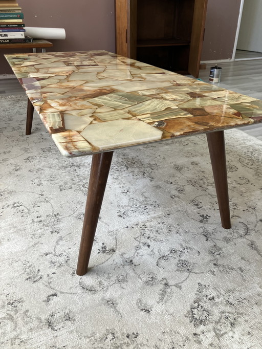 Table basse vintage 1965 | marbre onyx | pieds en bois