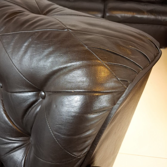 Image 1 of Canapé d'angle modulable vintage 7 pièces en cuir noir/marron