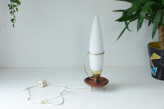 Image 1 of Vintage Philips tripod table lamp, 1960s, brass, teak, opal glass, Rocket Lamp
