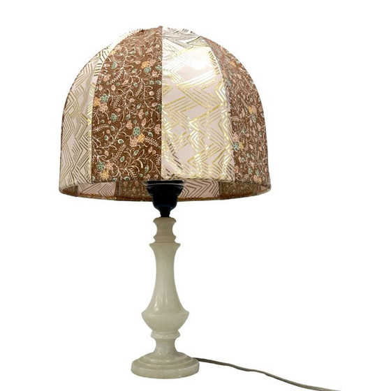 Image 1 of Lampe de table italienne vintage en albâtre/onyx, abat-jour cousu à la main, années 1960.