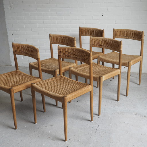 6x Danish dining chairs in oak and papercord - 1960s