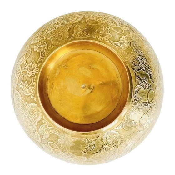 Image 1 of Vintage Oriental Engraved Peacock Brass Bowl Boho Patterns Flowers 1930's