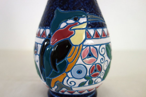 Image 1 of Art-Deco-Keramikvase mit Vogeldekor von Amphora, 1920