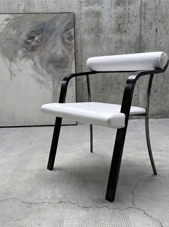Image 1 of 4x DINING ROOM CHAIRS ITALY LEATHER WHITE WOOD BLACK METAL 1980s
