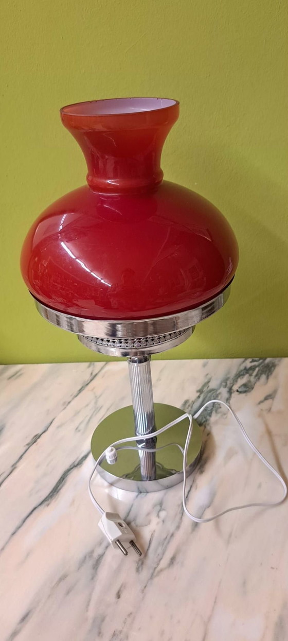 Lampada da tavolo vintage con opalina, Lampade da tavolo, Vetro, Metallo, Rosso (foto 3 di 7)