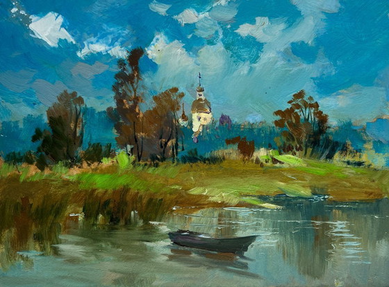 Image 1 of Original Oil Painting Summer Church Landscape A lonely boat among the reeds