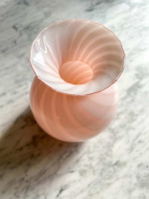 Jarrón vintage de cristal de Murano con forma de espiral, color rosa