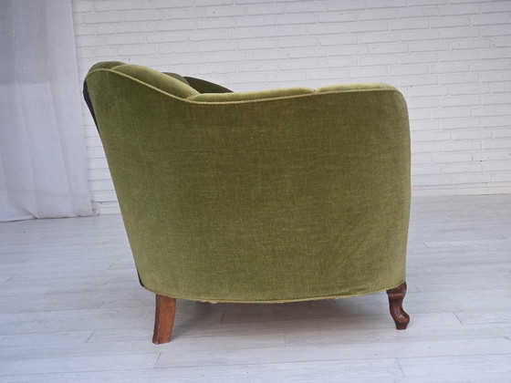 Image 1 of 1960s, Danish Curved 2-Seater Sofa, Green Furniture Velour, Oak Wood Legs