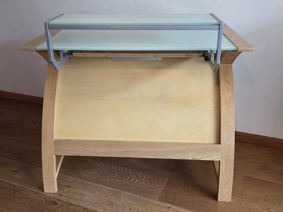 Stijlvol eikenhouten computer meubel met glazen blad, Cohen computerdesks UK, Bureau, Bruin, Modern (foto 9 van 14)