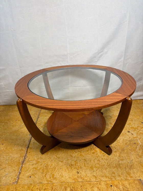 Image 1 of Mid-Century Retro Vintage Teak & Glass Round Coffee Table by Stonehill 1960  Sculptural Design • Danish Inspiration • British Cr