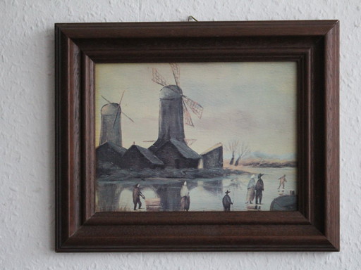 Kleines stimmungsvolles Bild im Massivholzrahmen, Motiv Windmühlen im Winter, unsigniert, Druck, ca. 1960