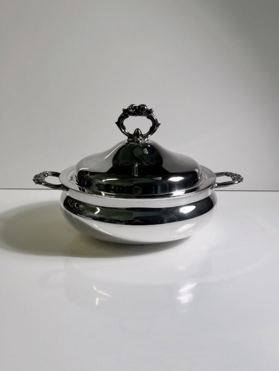 Image 1 of Vintage verzilverde kom, soepkom, soepterrine, kom met handvat, kom met deksel, serveerkom, soepkom, jaren 70