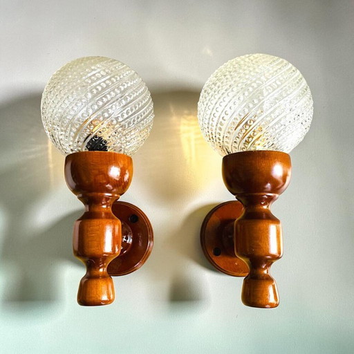 Apliques de pared rústicos portugueses de madera y cristal, juego de 2, década de 1990.