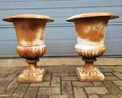 Brocante gietijzeren urn voor tuin plantenbak, Wit, Vintage (foto 5 van 7)