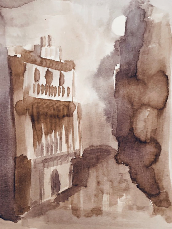 Image 1 of Dipinto ad acquerello monocromatico firmato seppia Chiaro di luna su Tangeri