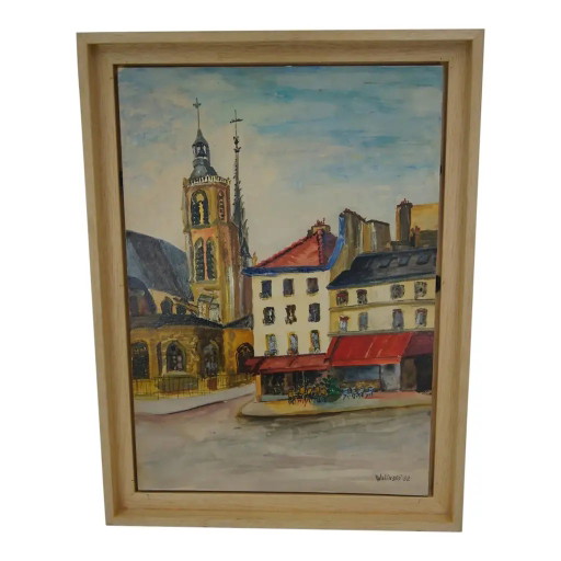 1980er Georges Wolinski "Blick auf Paris" Französisches Stadtbild Ölgemälde auf Holztafel, signiert und datiert 1982