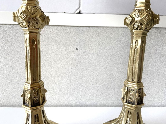 Image 1 of Pair of Antique Neo-Gothic Gilt Bronze Candlesticks