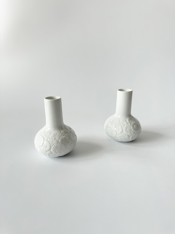 Image 1 of Thomas Vase, Set of 2, Blütenfest (Flower Festival), Porcelain, Relief Decor, Floral Relief, Rosenthal, Op Art, Mid Century Mode