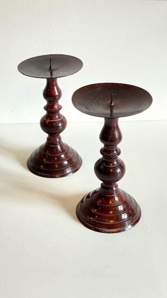 Image 1 of Vintage Patinated Metal Candlesticks