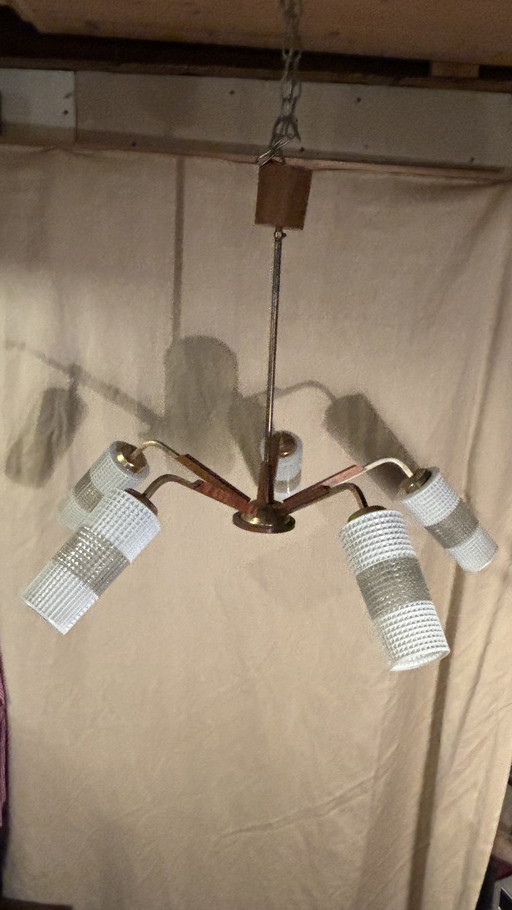 Deens de mediados de siglo diseña kroonluchter teca hout en glas 