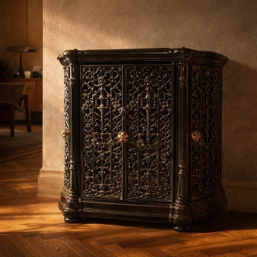 Inserto per camino antico in ghisa con finitura nera decorata, Europa del XIX secolo.