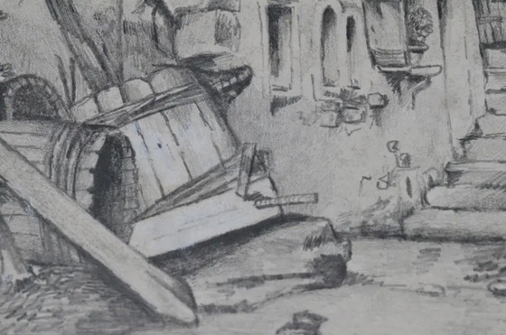 Disegno a carboncino attribuito a Jacques Moulinier (1753–1828) — Figure davanti a una casa a graticcio (photo 7 of 14)