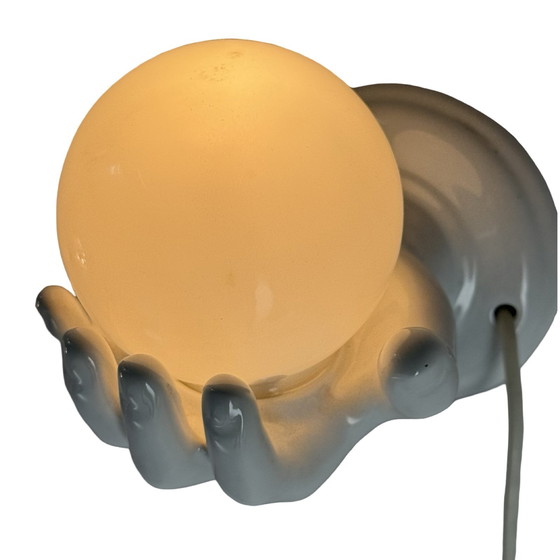 Image 1 of Wall lamp / sconce - Shaped as a hand holding a glass dome - Opaline Glass and Ceramic base - Space age / Pop art