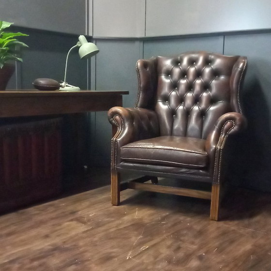 Ooorfauteuil of Wingchair Vintage George III Stijl – Wood, Leather (photo 6 of 14)