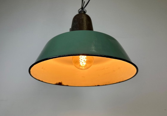 Image 1 of Industrial Green Enamel Factory Lamp with Cast Iron Top, 1960s