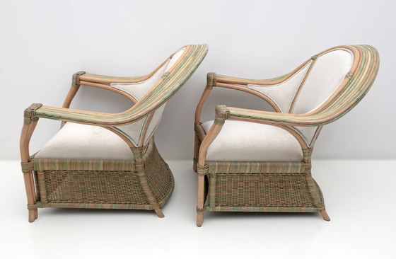 Image 1 of Pair of Mid-century Modern Italian Rattan and Wicker Armchairs, 1970s