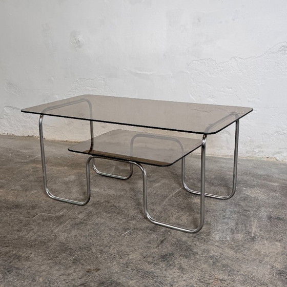 Image 1 of Hungarian Two-Tier Glass Bauhaus Coffee Table – Original Condition