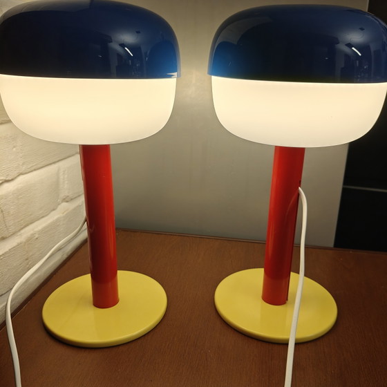 Image 1 of Einzigartiges Paar postmoderner IKEA-Tischlampen – Individuelle Farbkombination – Memphis-Stil