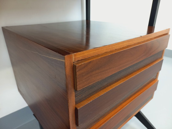 Image 1 of Italian modernist desk with built-in modular string bookcase in teak, metal and melamine from the 60s