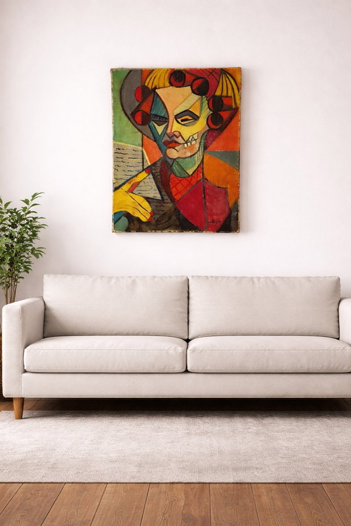 Neokubistisches Porträt von L. Calezis, provenzalische Schule, Aubagne, Marseille, Frankreich, Öl auf Leinwand