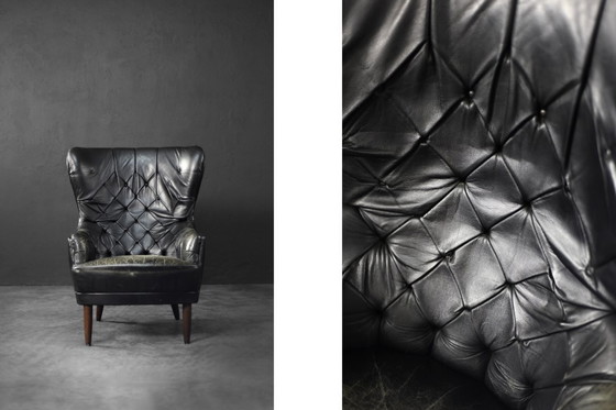 Image 1 of Vintage Mid Century Deense Moderne Gequilte Zwart Leren Wing Stoel, 1960