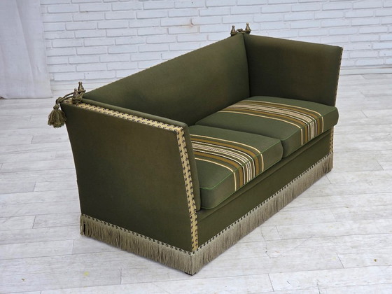 1970s, Danish 2-seater drop arm "Spanish" sofa, furniture wool. – 2 seaters, Wood (photo 11 of 20)